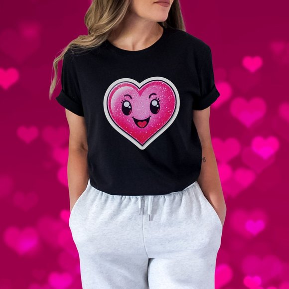 Hot Pink Heart Valentine Black T-Shirt For Wife, Girlfriend, Mom, Daughter - Picture 1 of 6